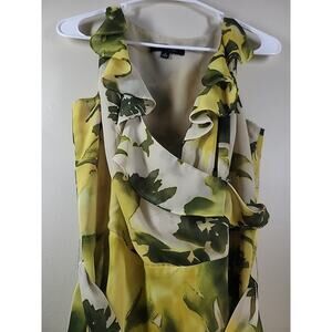 Evan Picone Women’s Faux Wrap Dress Size 12 Green Yellow Floral Ruffle Flair